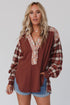 Floral Plaid Mixed Print Bishop Sleeve Patchwork Top
